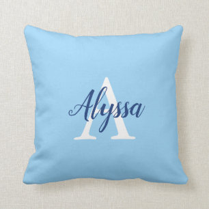 Coussin Élégant Monogramme Bleu Bleu Script Lancer Oreille