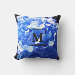 Coussin Élégant monogramme bleu hydrangée florale