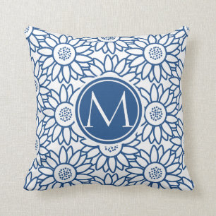 Coussin Élégant Monogramme Classique Bleu Tournesol