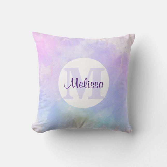 Coussin Élégant Monogramme d'aquarelle bleu violet (Recto)
