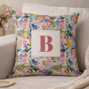 Coussin Élégant Monogramme Floral Abstrait Rose Pâle