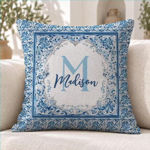 Coussin Élégant monogramme floral bleu aqua vintage