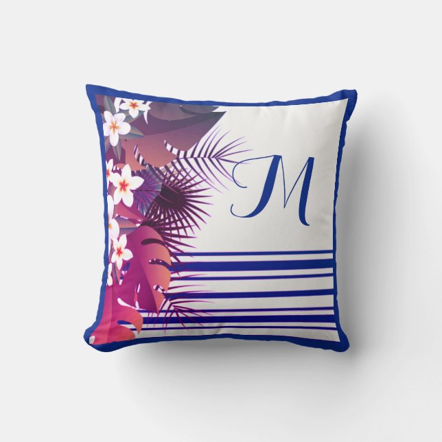 Coussin Élégant Monogramme floral bleu violet tropical (Recto)