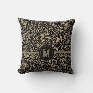 Coussin Élégant Monogramme floral d'argent noir