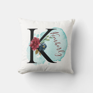 Coussin Élégant Monogramme Floral K Nom personnalisé