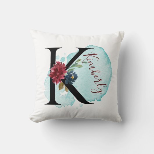 Coussin Élégant Monogramme Floral K Nom personnalisé (Recto)