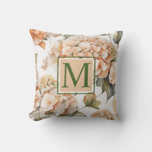 Coussin Élégant monogramme floral orange boho aquarelle