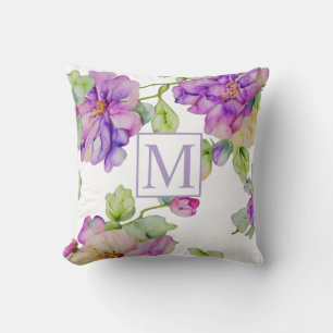 Coussin Élégant monogramme floral rose violet