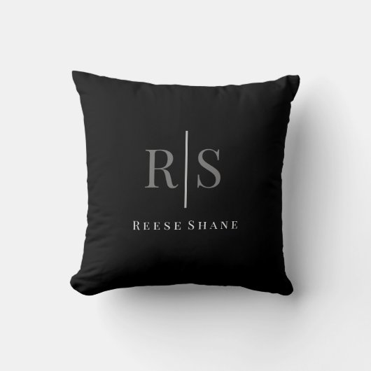 Coussin Élégant monogramme gris et nom blanc en DIY, noir (Recto)