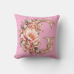 Coussin Élégant Monogramme Lettre G Fleur de Pivoine Rose