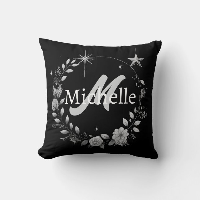 Coussin Élégant Monogramme Noir Argent Script Jeter Oreill (Recto)