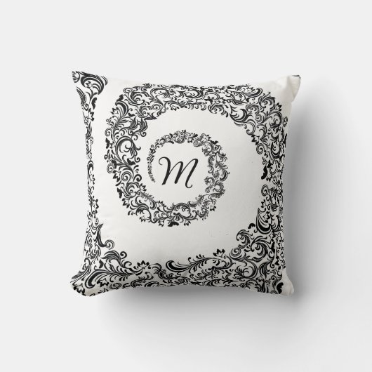 Coussin Élégant monogramme noir damassé (Recto)