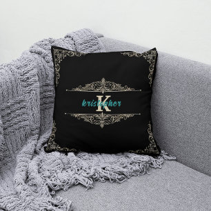 Coussin Élégant Monogramme Noir et Or Nom personnalisé