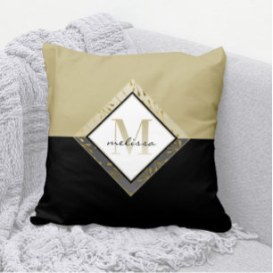 Coussin Élégant Monogramme Ombre + Nom Noir + Tan + Or