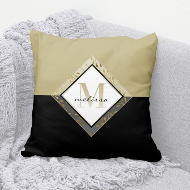 Coussin Élégant Monogramme Ombre + Nom Noir + Tan + Or (Elegant Ombre Monogram Throw Pillow with Any Name )