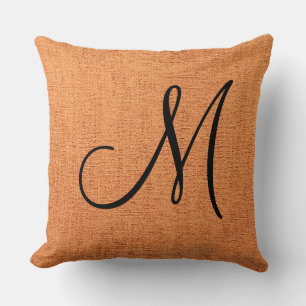 Coussin Élégant monogramme orange aspect toile