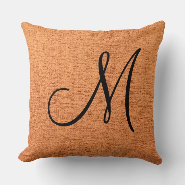 Coussin Élégant monogramme orange aspect toile (Recto)