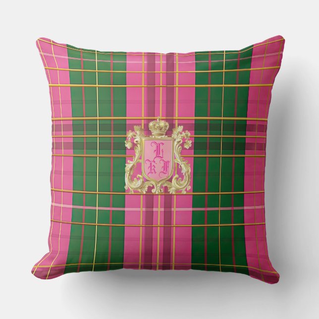 Coussin Élégant Monogramme Pink et Vert Plaid (Recto)