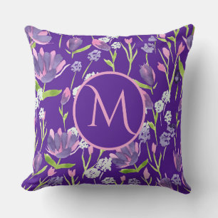Coussin Élégant Monogramme Romantique violet feminin Flora