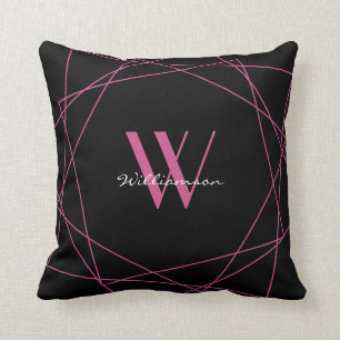Coussin Élégant monogramme rose noire - Nom géométriqu