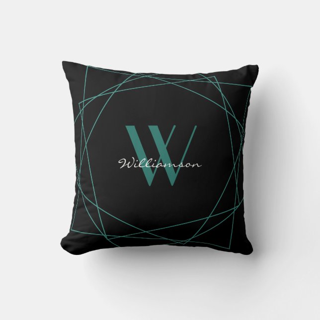 Coussin Élégant Monogramme Turquoise noir - Script de nom  (Recto)