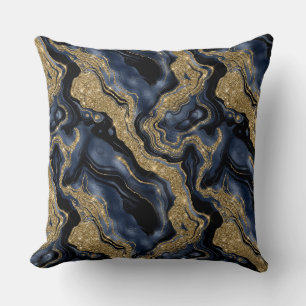 Coussin Élégant motif agate bleu marine et paillettes doré
