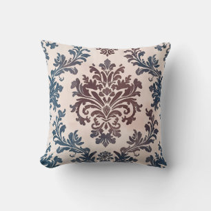 Coussin Élégant motif bleu et bordeaux Damas