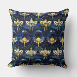 Coussin Élégant motif de faux vitrail en lotus doré