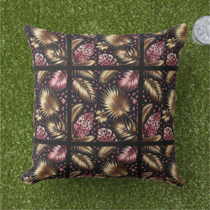 Coussin Élégant motif de feuille de jungle en or, rose et