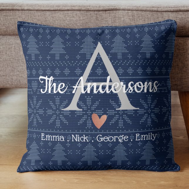 Coussin Élégant Motif de Knit bleu Nom de famille Monogram (Elegant Blue Knit Pattern Family Name Monogram Throw Pillow)