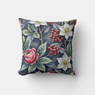 Coussin Élégant motif floral hivernal à l'aquarelle Charbo
