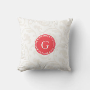 Coussin Élégant motif floral monogramme rouge blanc fémini
