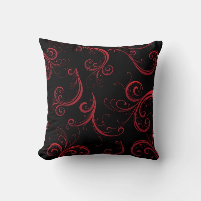Coussin Élégant motif floral noir et rouge profond (Recto)