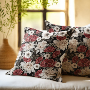 Coussin Élégant motif floral rose burgundy noir