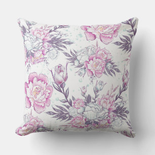 Coussin Élégant motif floral rose et vert avec feuillage v