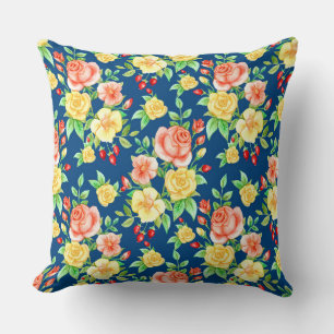 Coussin Élégant motif floral rose jaune orange