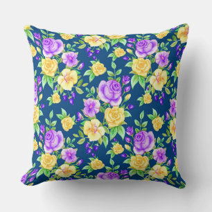 Coussin Élégant motif floral rose jaune violet