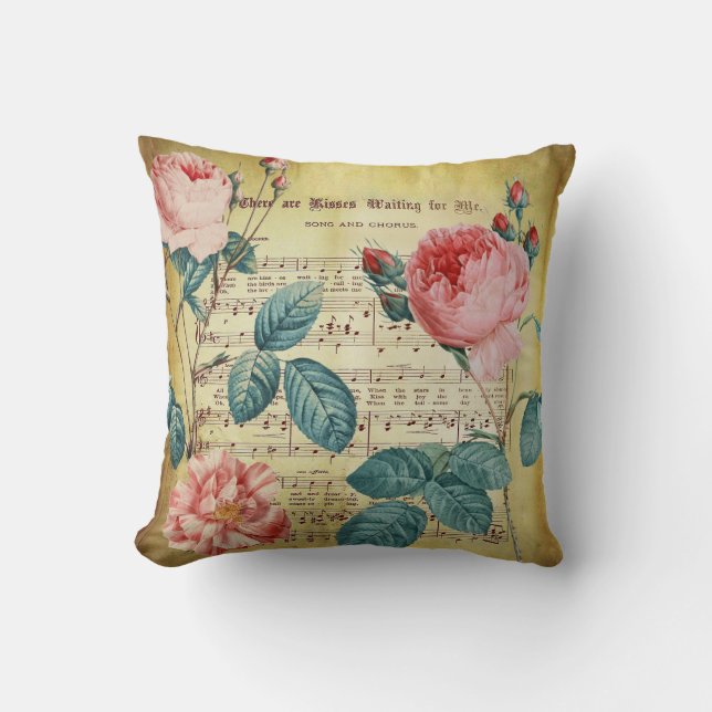 Coussin Élégant musique Rose Vintage Notes Amour Chanson (Recto)