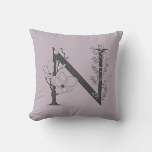 Coussin Élégant N Boho Floral Monogramme initial Lilac Gre