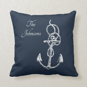 Coussin Elegant Navy Blue Ancre Personnalisé Nom de famill