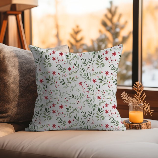 Coussin Élégant Noël Floral minimaliste Motif (Elegant Christmas Floral Minimalist Pattern Throw Pillow - Red and Green Flowers)