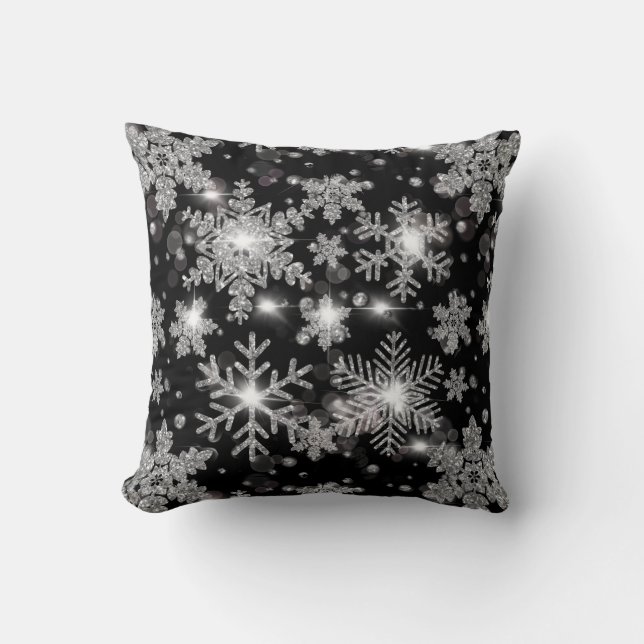 Coussin Élégant Noël noir blanc argent flocons de neige (Recto)