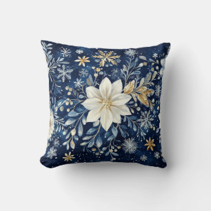 Coussin Élégant Noël poinsettia bleu et or