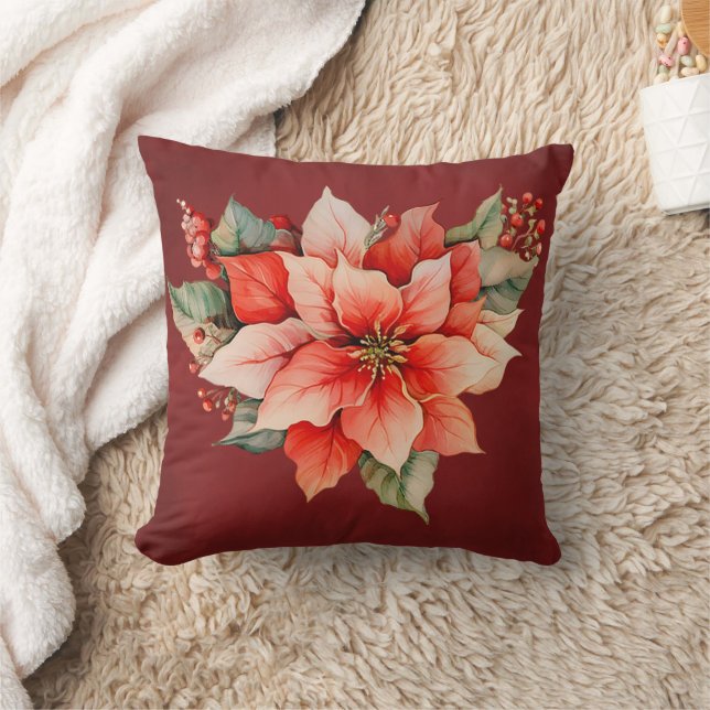 Coussin Élégant Noël Rouge Poinsettia (Couverture)