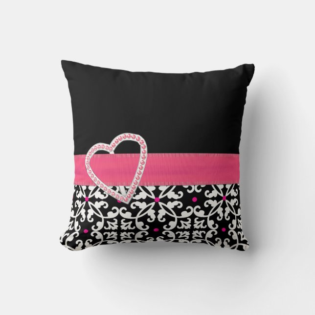 Coussin élégant noir, blanc et rose Damask (Recto)