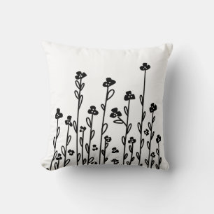 Coussin Elégant noir blanc minimaliste doodé floral