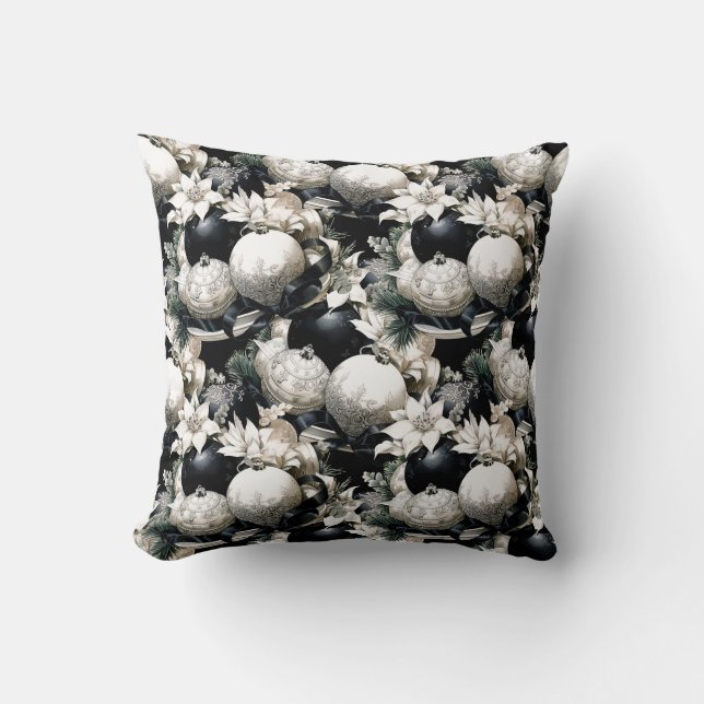 Coussin Élégant noir blanc motif ornement de Noël (Recto)