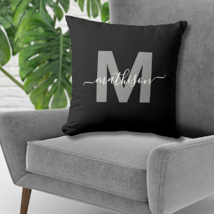 Coussin Élégant Noir Blanc Nom de famille Monogramme