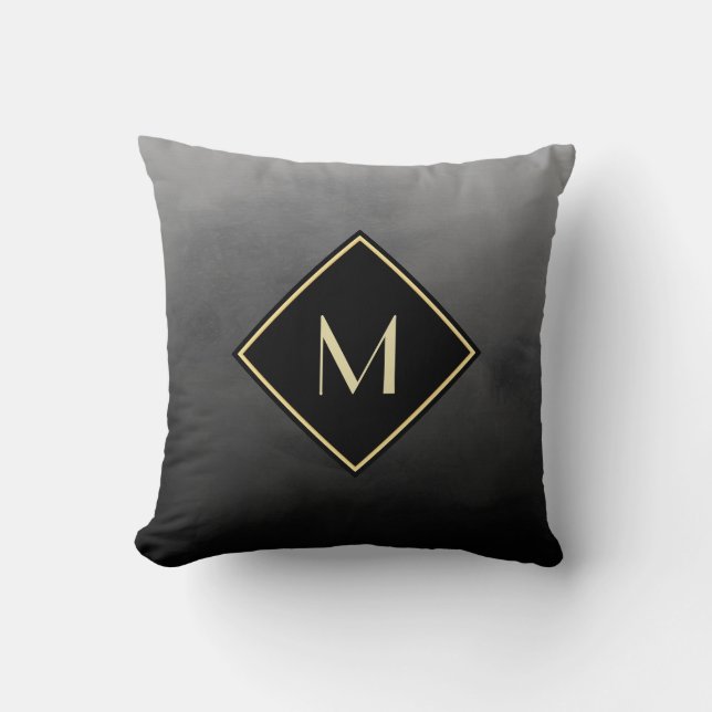 Coussin Élégant Noir Brossé Avec Monogramme Or Simple (Recto)