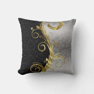 Coussin Elégant noir Damas Gold & Silver Swirls